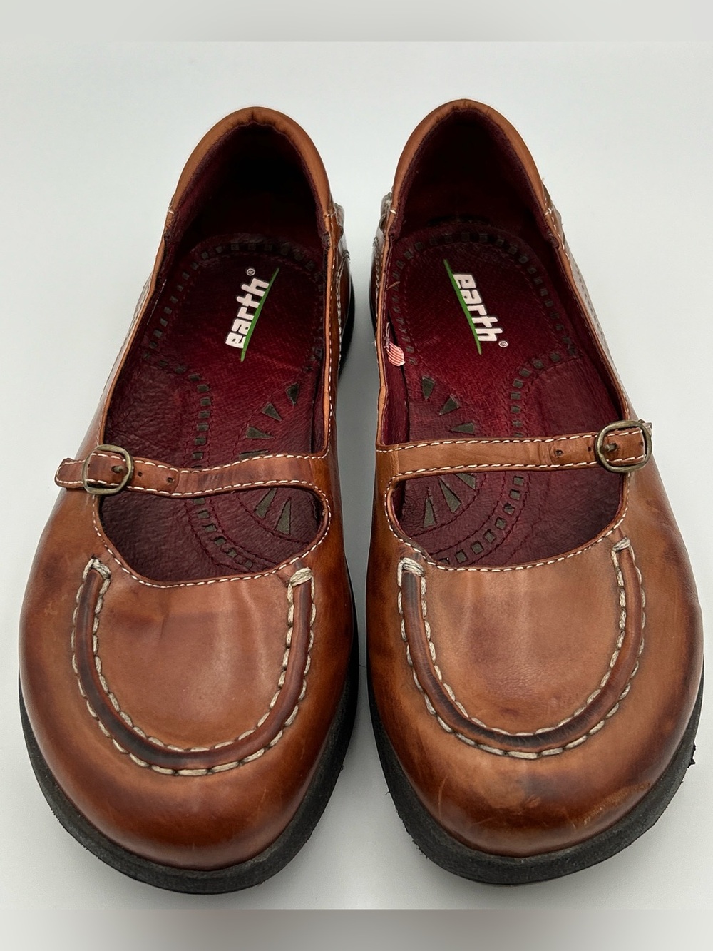 EARTH Faryn Mary Jane Shoe Womens 7B Brown Leather Apron Toe Casual Flats